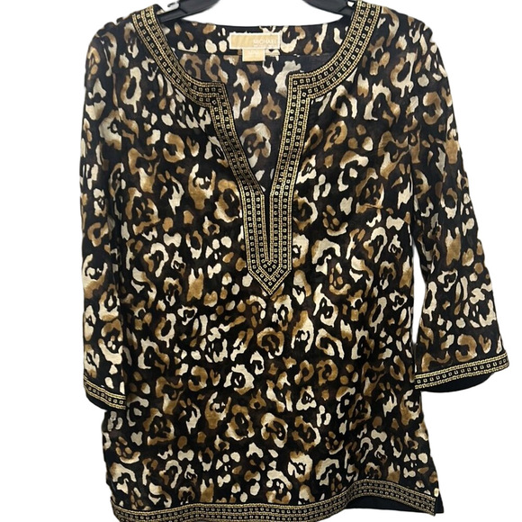 Michael Kors Leopard Print Tunic Blouse Medium Embellished Neckline - Picture 2 of 7